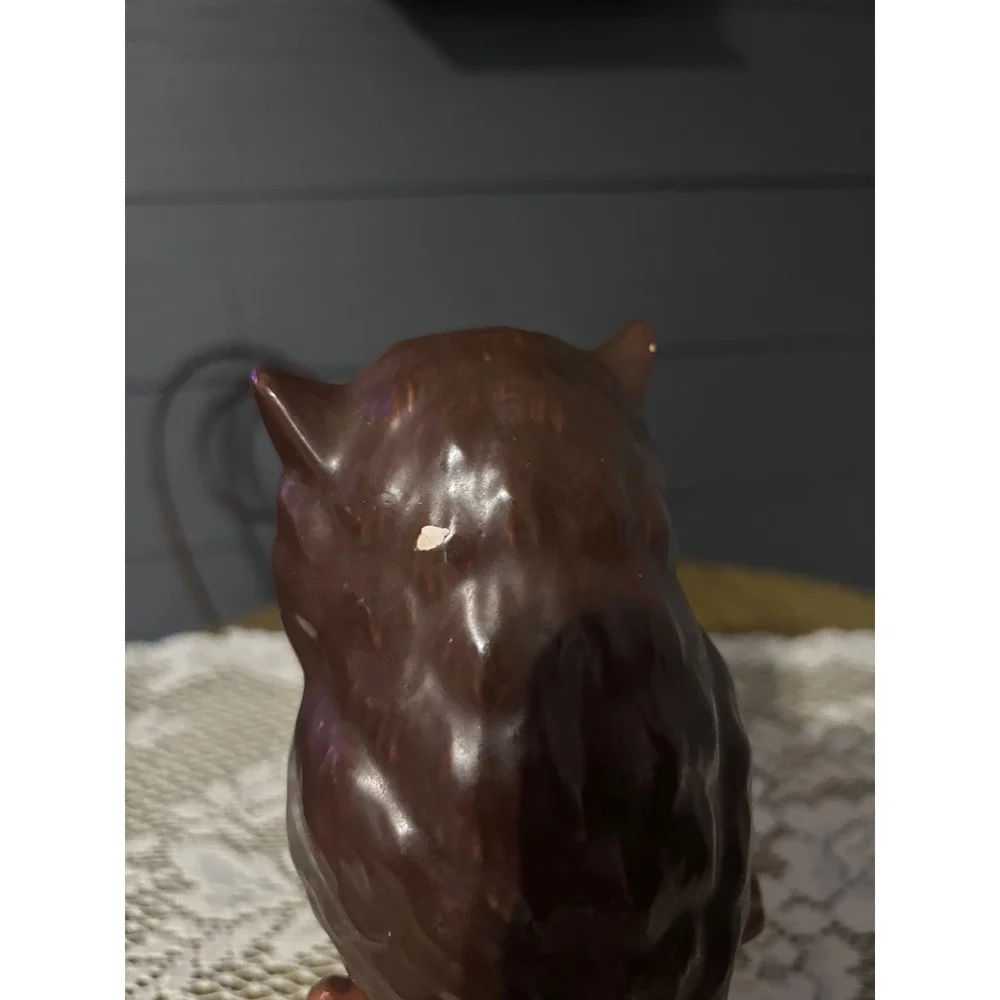Vintage Ceramic Owl Figurine Brown Glossy Orange Eyes Sunflower Base 8.5 Inch